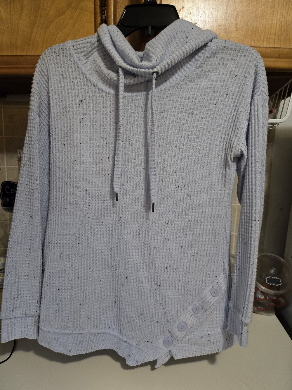 The Sweatshirt Project Light Blue Waffle Cowl Neck Sweater with Button Trim